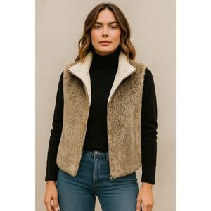 Vtg Y2K Womens M Faux Fur Puffer Vest Reversible Brown‎ Fall Cozy Indie Sleaze